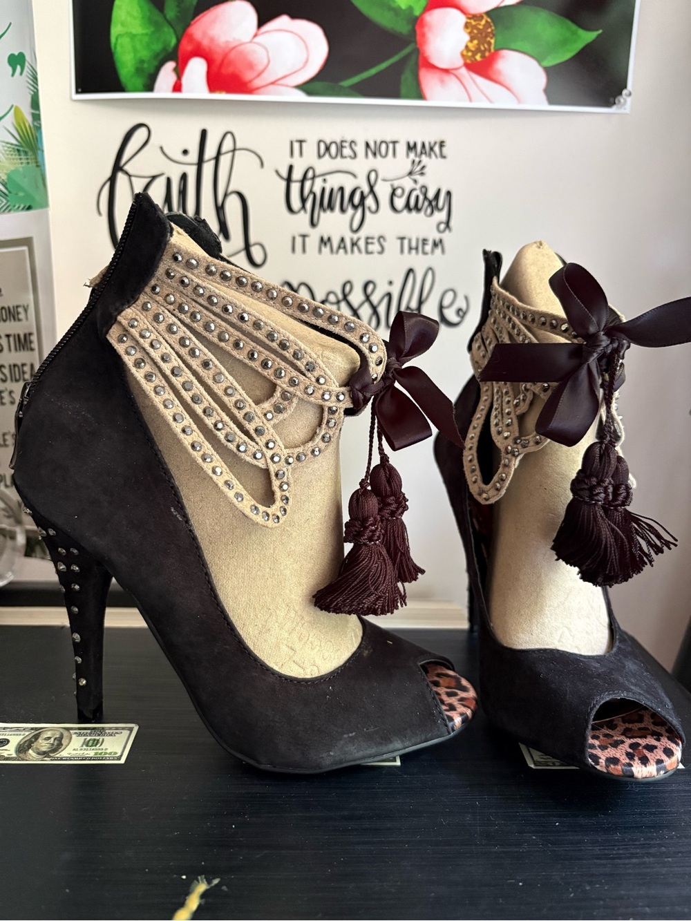 Black and Beige Studded Peep-Toe Heels with Tassel Ribbon